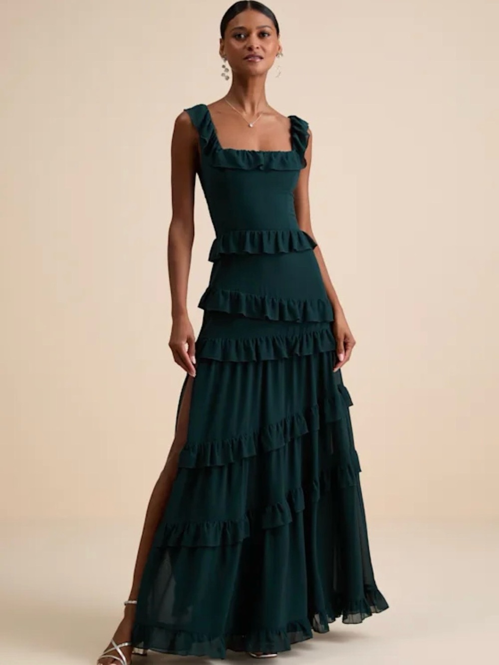 Lulu's Deep Emerald Ruffle Tiered Maxi Dress